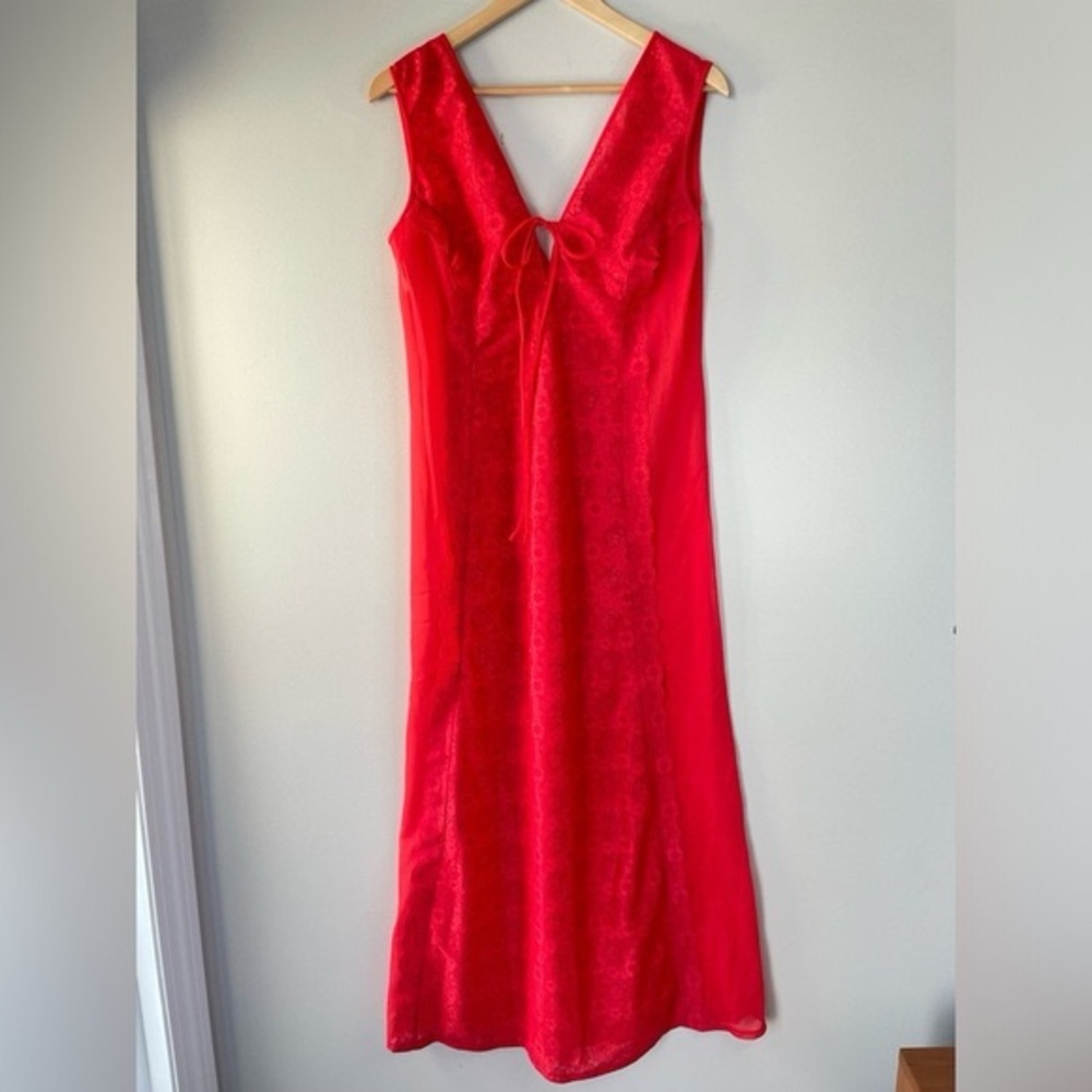 Vintage 70s Lacy Red Lingerie Slip Dress Size Large Maxi Full Sheer Nylon